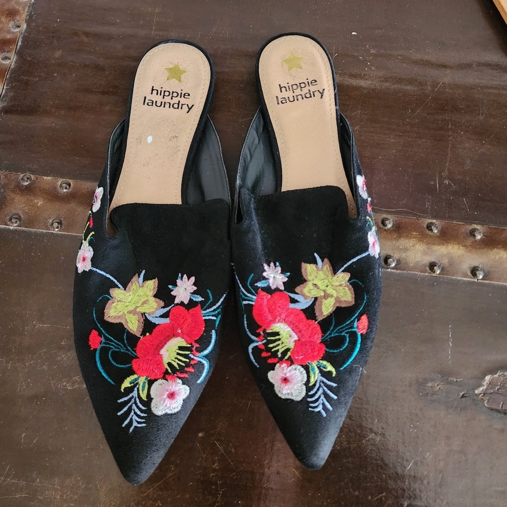 Hippie Laundry Women's Embroidered Mule Flats Size 9 Black Floral Pointed Toe - Picture 8 of 8
